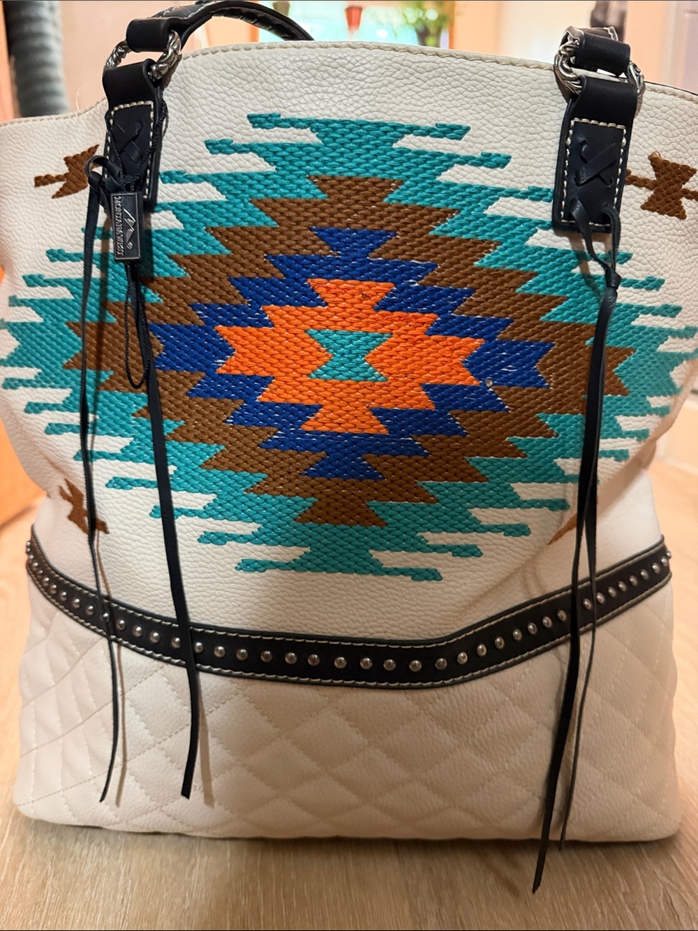 White Aztec Embroidered Tote Bag with Turquoise & Orange Accents